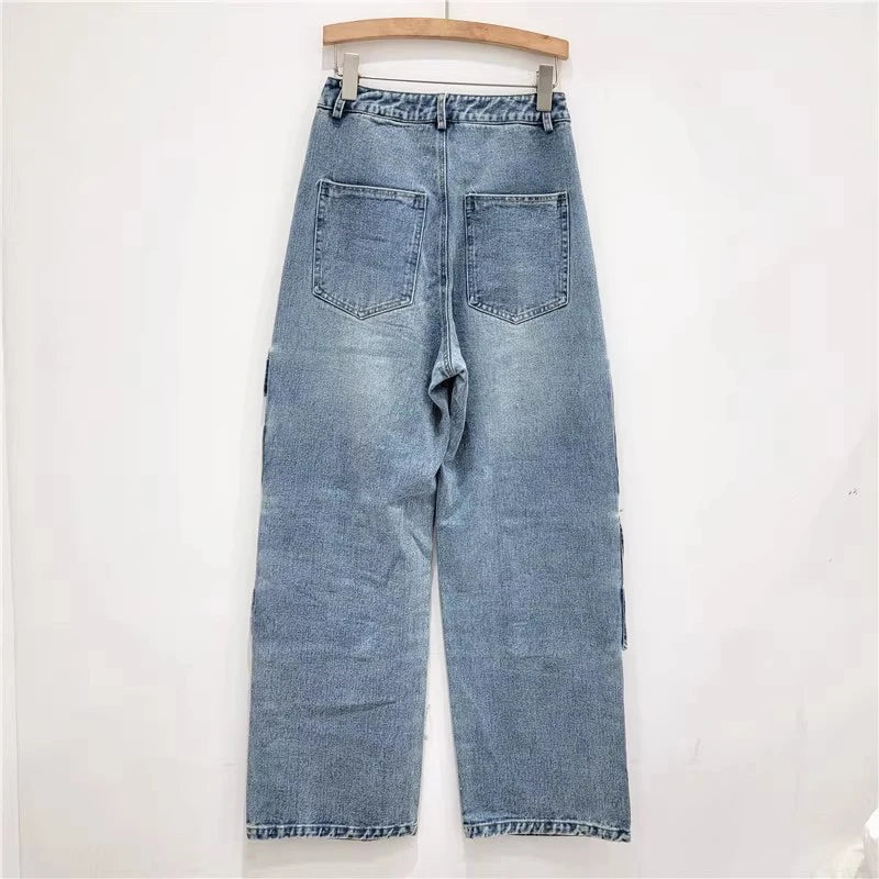 Fashion Women's Multiple Pockets Design Jeans High Waist Straight Wide Leg Denim Pants Autumn New Items