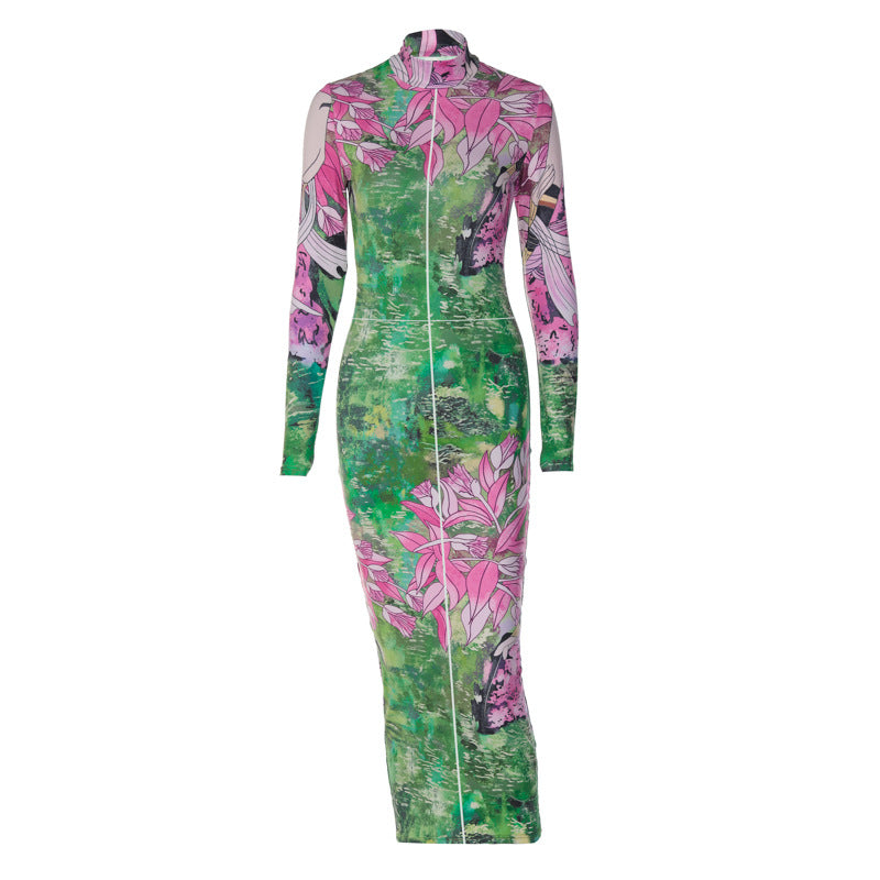 Women Summer Autumn Fashion Long Sleeve Bodycon Streetwear Floral Printed Midi Dress Wholesale Items For Business