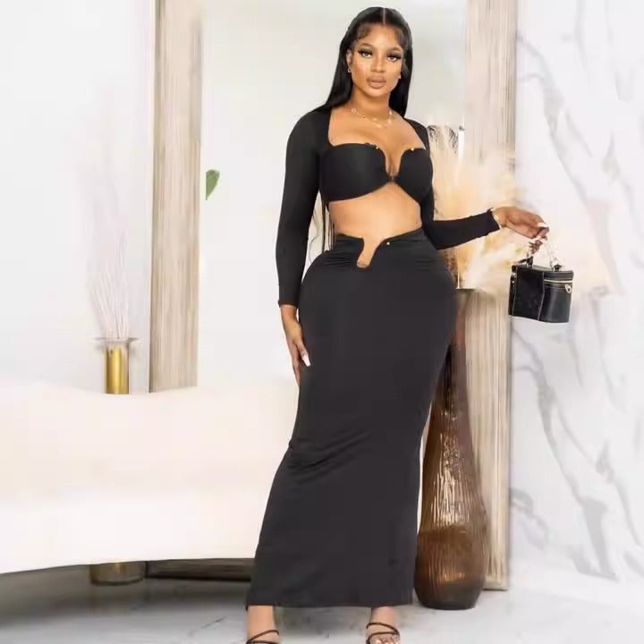 Autumn and winter new hot selling items: sexy chest wrapped long sleeved back slit long skirt set