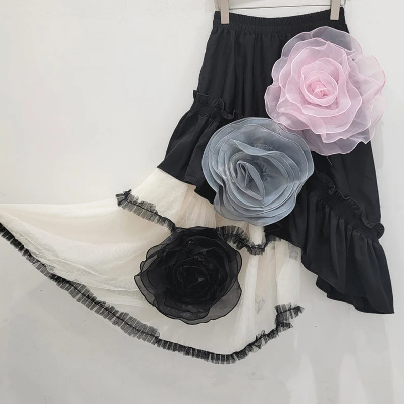 Autumn Fashion New Items Women's Mesh Patchwork Skirt High Elastic Waist Flowers Design A-line Skirt Female