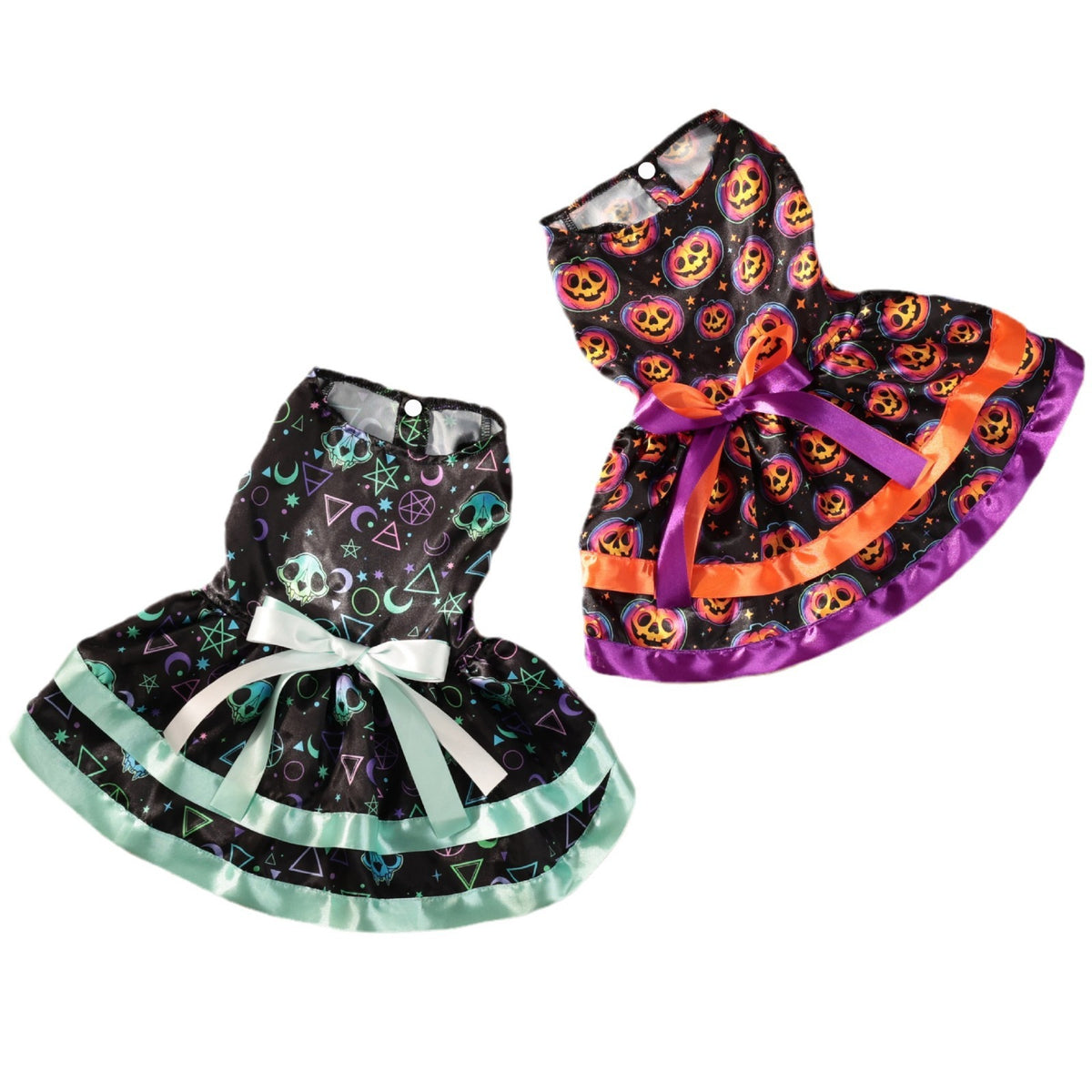 Pet Clothes Dog Halloween Pumpkin Colorful Skull Halloween Party Dress Double Layer Bow Skirt