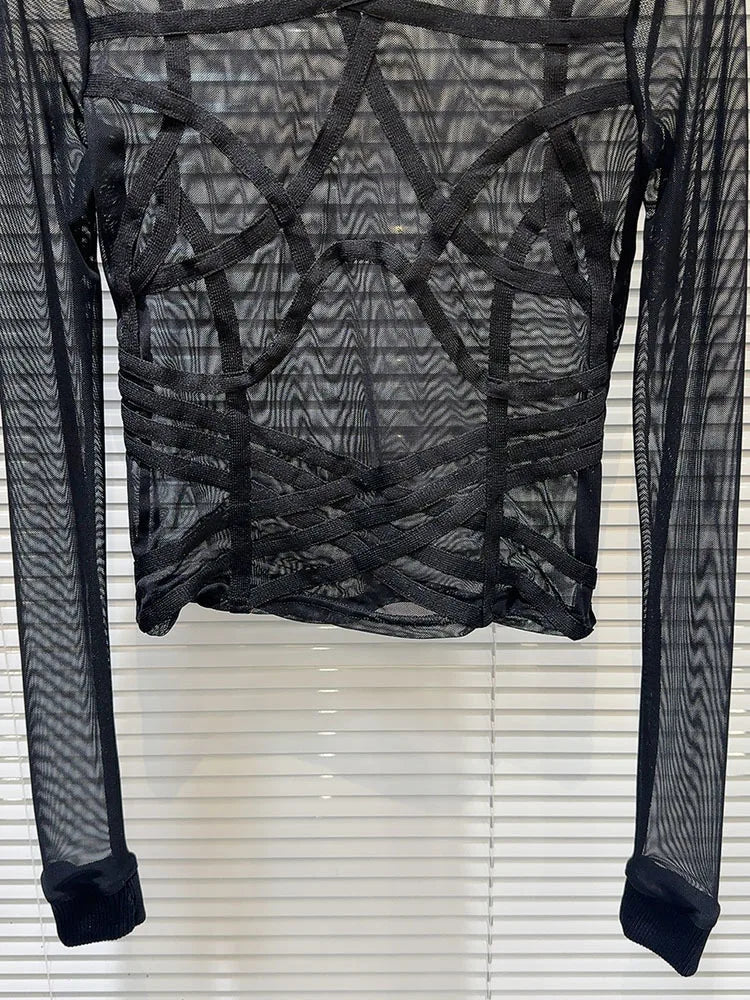New Items Women's Spliced Mesh Perspective T-shirt  Winter Fashion Trendy O-neck Long Sleeves Pullovers Female