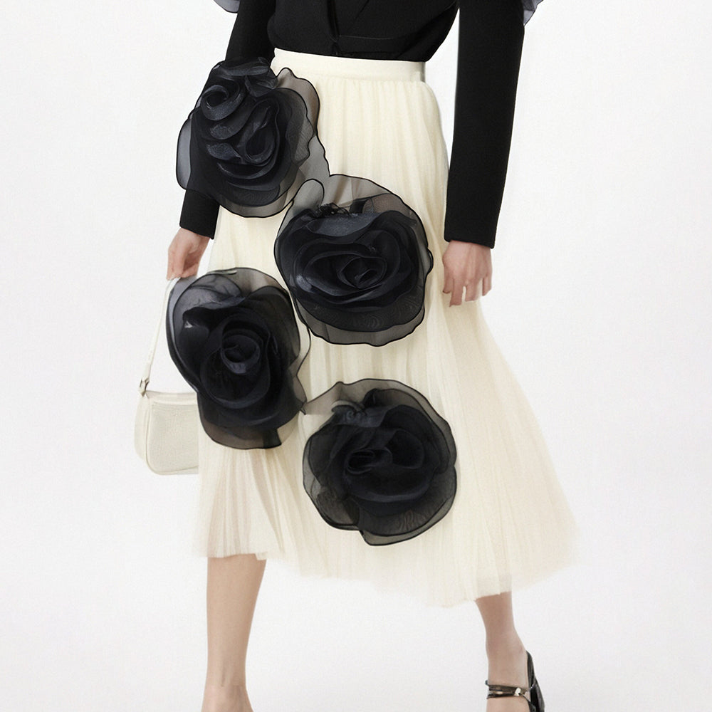 Fashion Women's Mesh Flowers Design High Elastic Waist Solid Color A-line Long Skirt Female Autumn New Items