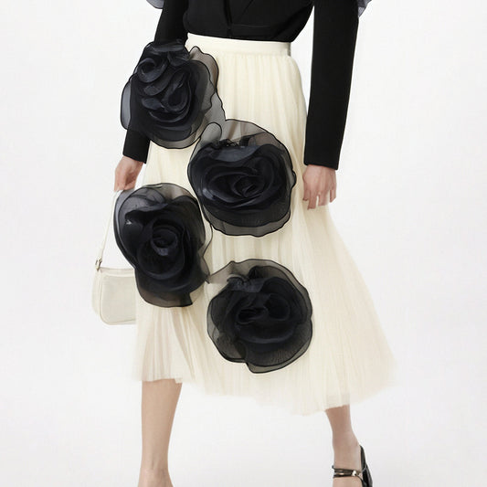 Fashion Women's Mesh Flowers Design High Elastic Waist Solid Color A-line Long Skirt Female Autumn New Items