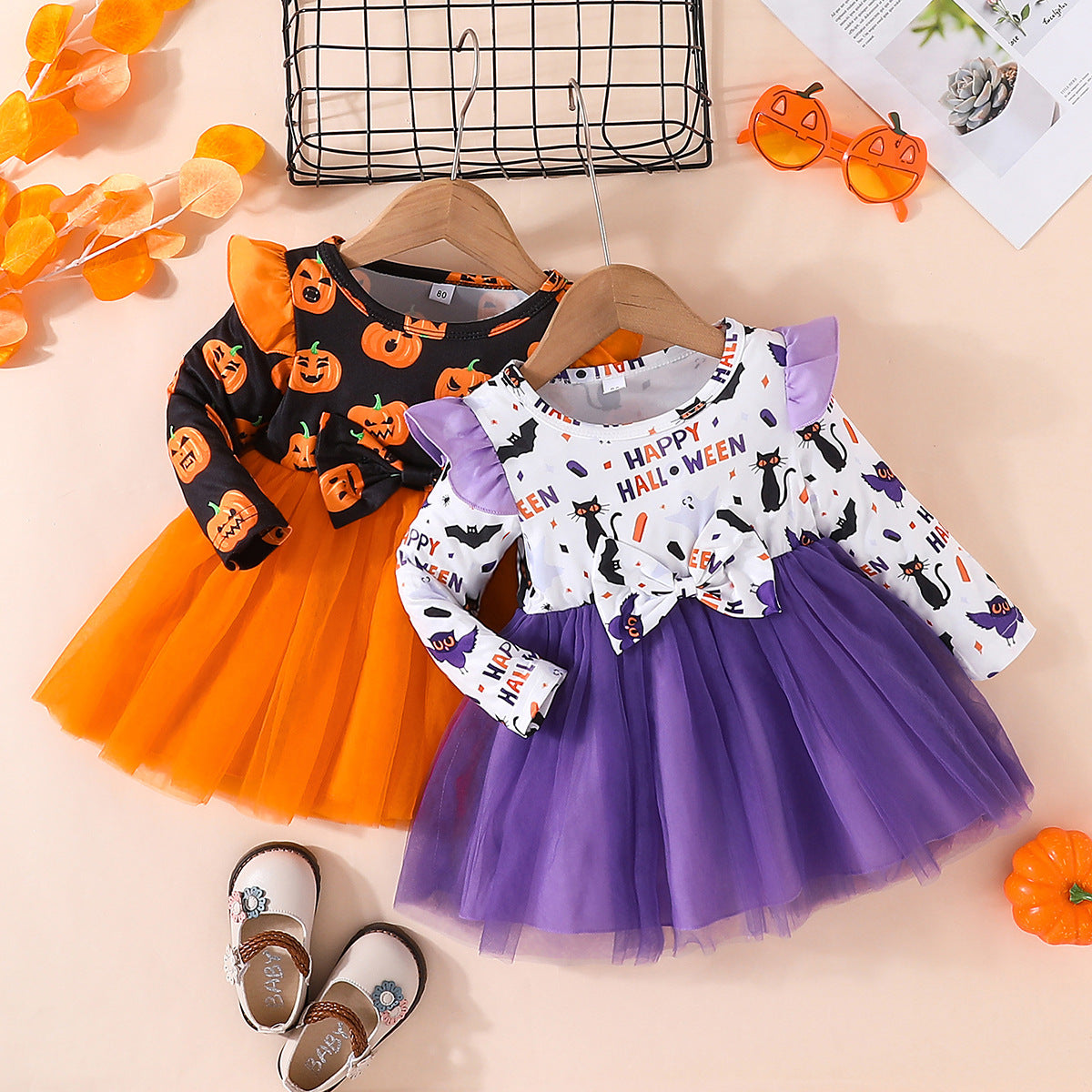 Halloween Girl's Pumpkin Dress Long Sleeve Tulle Princess Dress Halloween Party Performance Costume
