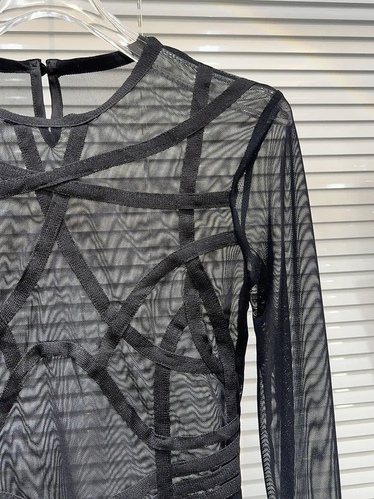 New Items Women's Spliced Mesh Perspective T-shirt  Winter Fashion Trendy O-neck Long Sleeves Pullovers Female