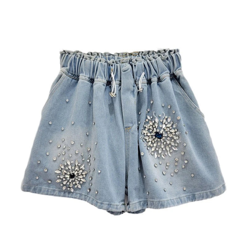 Summer New Items Diamond Elastic Waist Drawstring Design Shorts For Women High Waist Denim Hot Pants Female