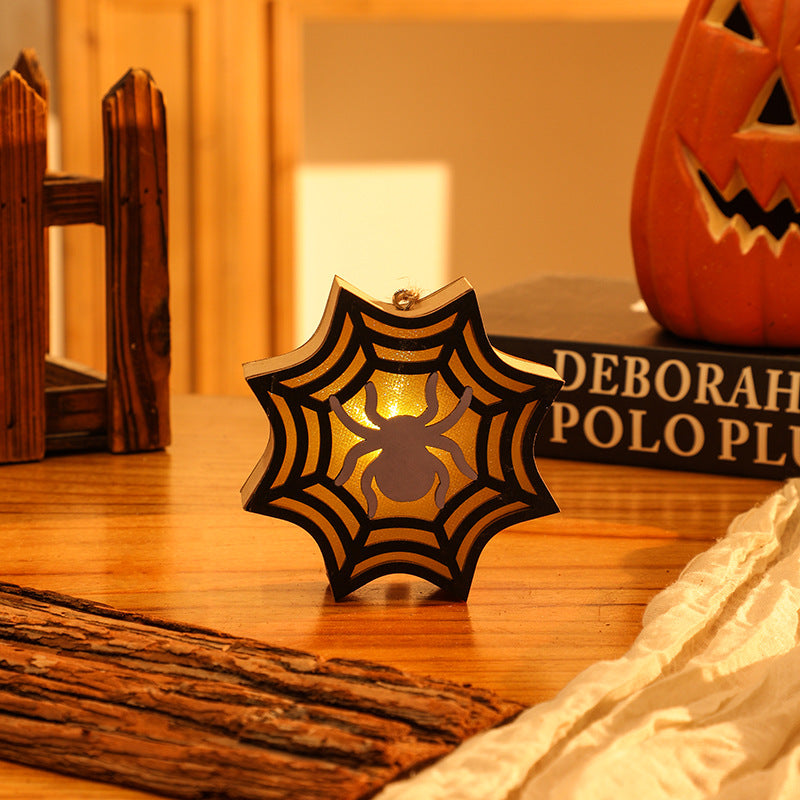 Halloween Decoration Pumpkin Lantern Wooden Skull Spider Halloween Scene Hanging Ornament Night Light
