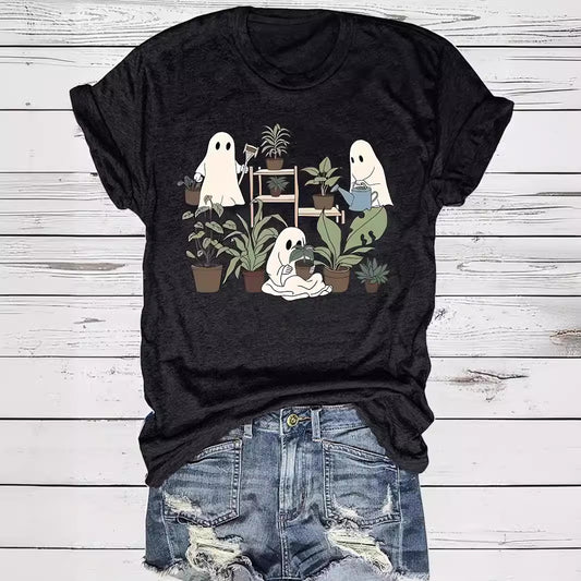Ghost Flowers Halloween Round Neck Short Sleeve