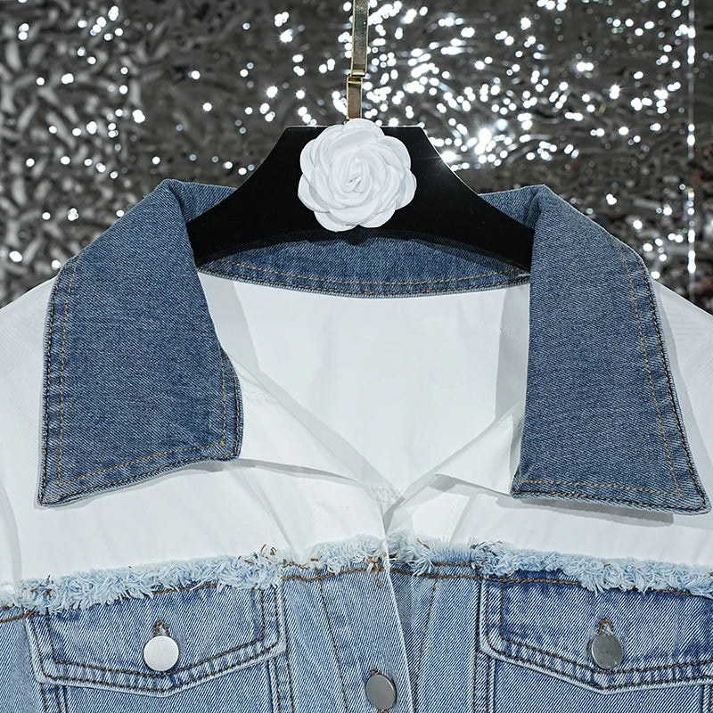 Fashion Women's Denim Spliced Shirt Loose Lapel Long Sleeves Single Breasted Tassel Blouse  Autumn New Items