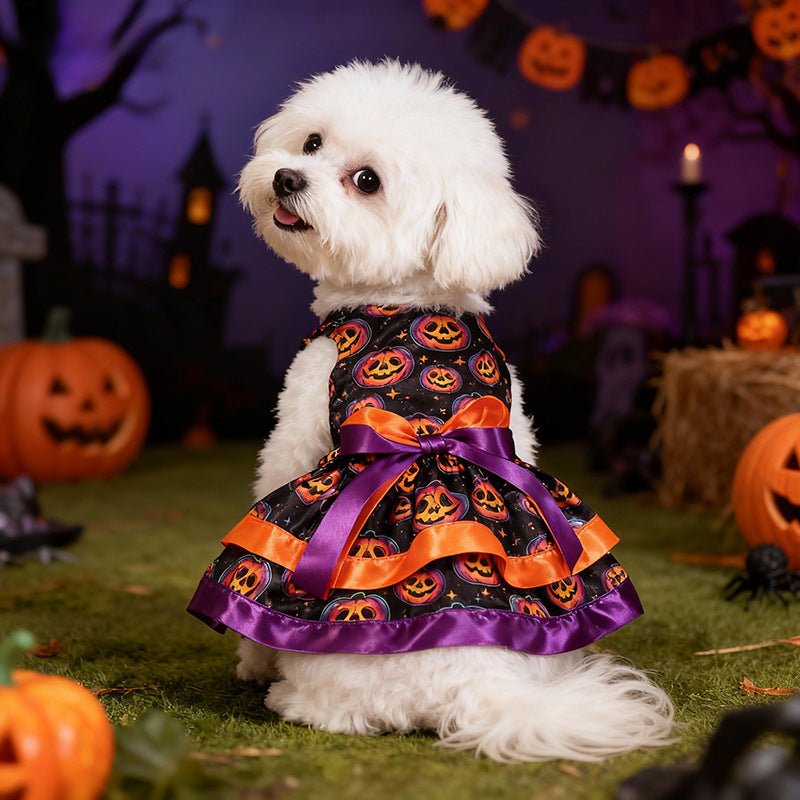 Pet Clothes Dog Halloween Pumpkin Colorful Skull Halloween Party Dress Double Layer Bow Skirt