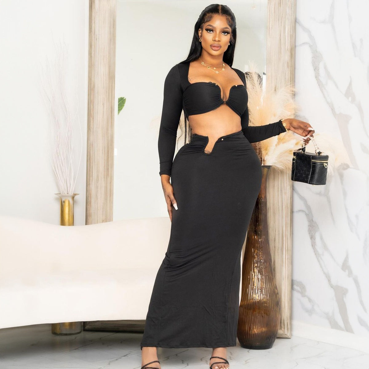 Autumn and winter new hot selling items: sexy chest wrapped long sleeved back slit long skirt set