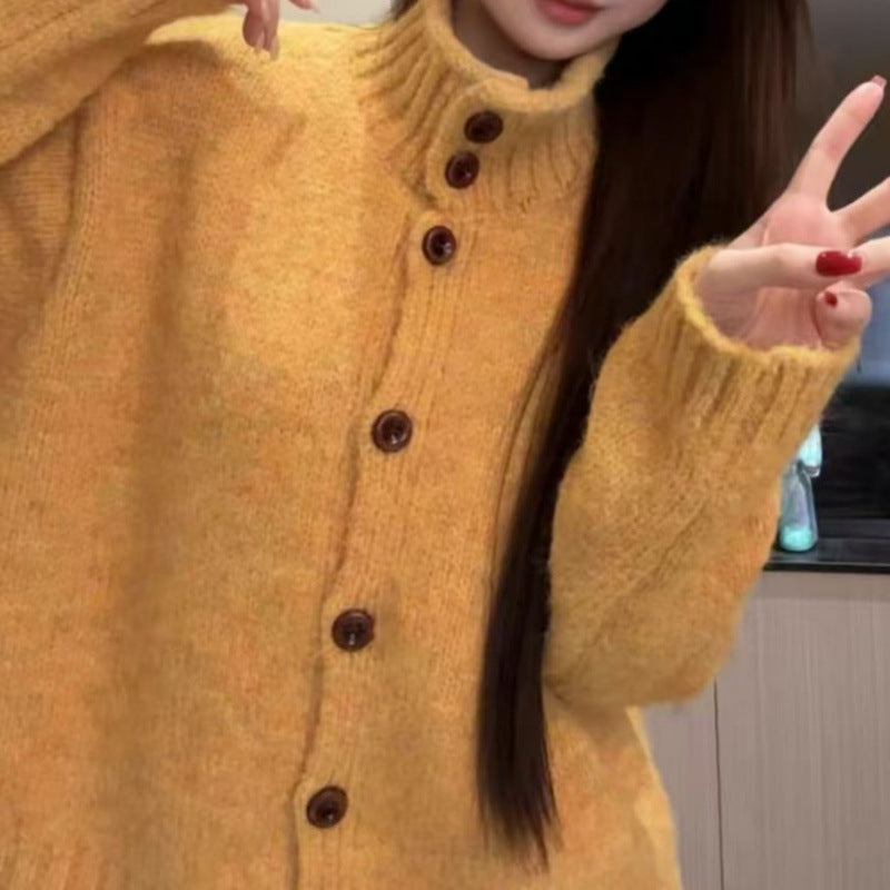 Lazy Elegant Knit Cardigan for Women, Loose Thick Single-Button High Neck Soft Knit Sweater
