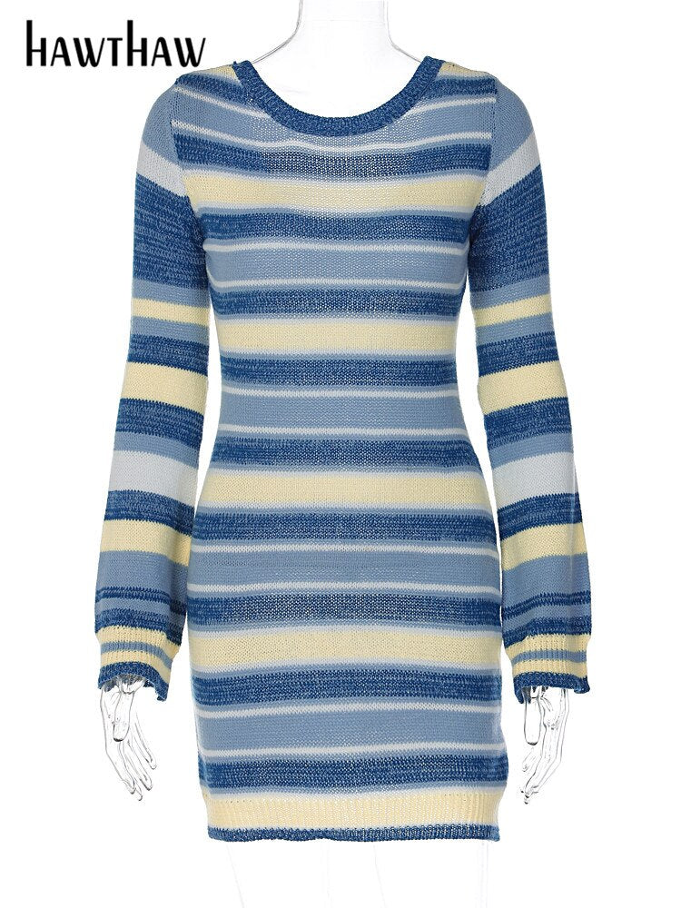 Hawthaw Women Long Sleeve Striped Bodycon Streetwear Knitted Sweater Dress 2022 Fall Autumn Clothes Wholesale Items For Business