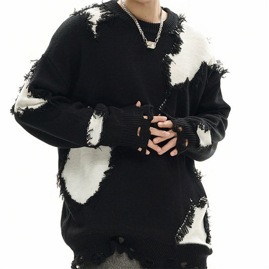 Cat whisker tassel torn hole spliced contrasting sweater