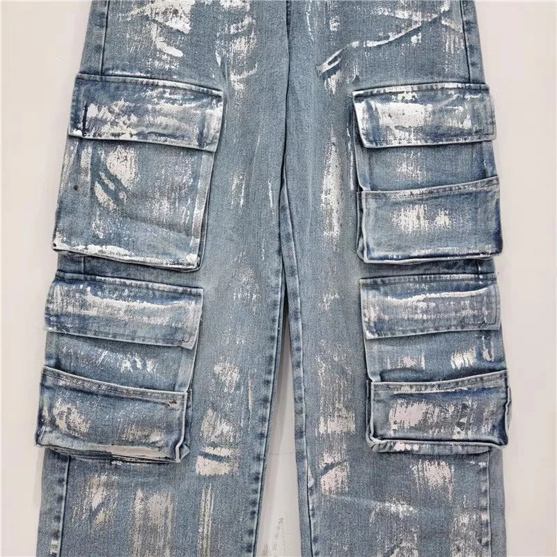 Fashion Women's Multiple Pockets Design Jeans High Waist Straight Wide Leg Denim Pants  Autumn New Items