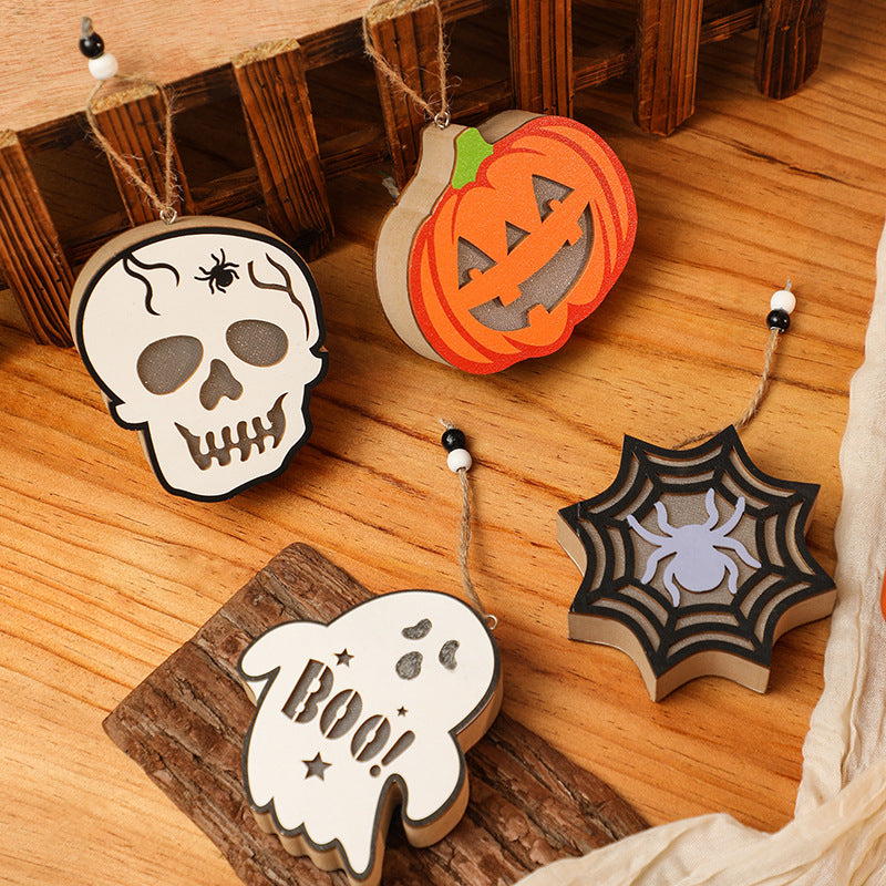 Halloween Decoration Pumpkin Lantern Wooden Skull Spider Halloween Scene Hanging Ornament Night Light