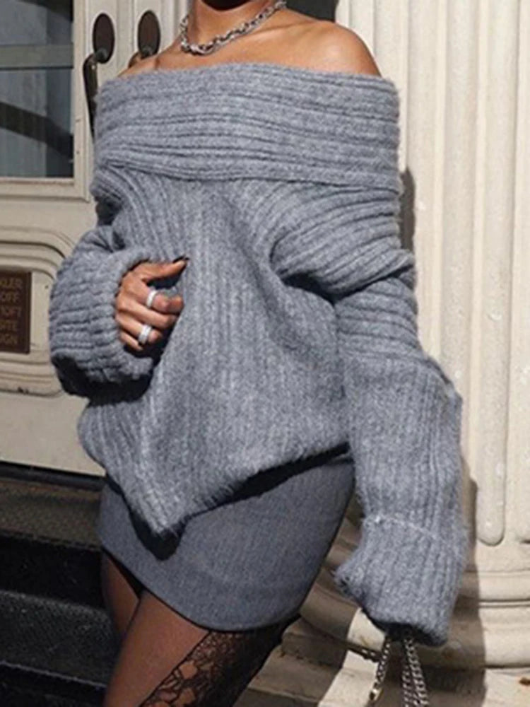 New Items Women's Irregular Knitted Sweater Spring Fashion Straight Shoulder Long Sleeves Pullovers Female