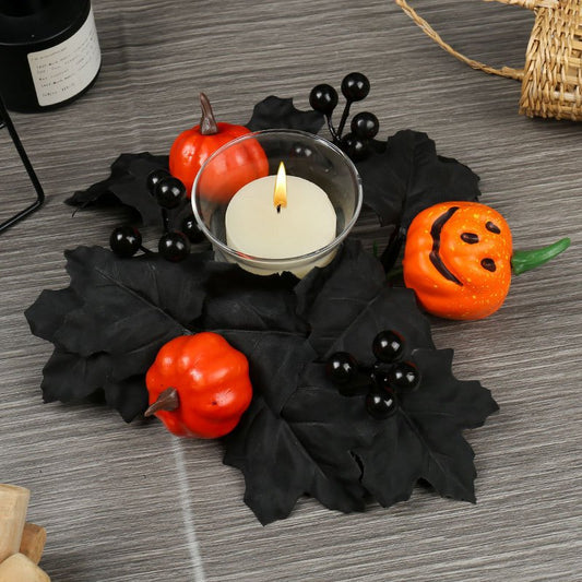 Halloween Decorative Fake Pumpkin Maple Leaf Harvest Festival Decoration Scene Arrangement Halloween Candle Holder Wreath