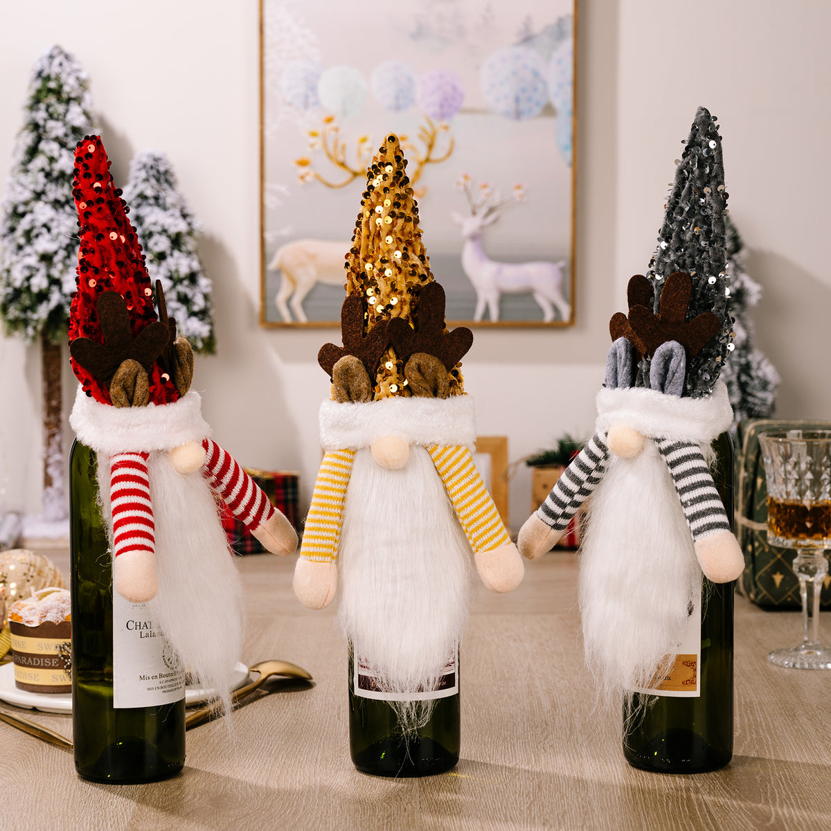 Christmas decoration items, sequins, red, yellow, black sequin caps, wine bottle covers, deer horn wine covers, red wine bottle caps