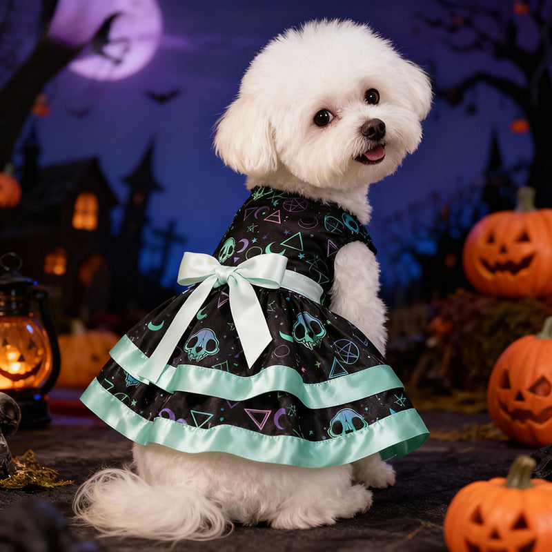 Pet Clothes Dog Halloween Pumpkin Colorful Skull Halloween Party Dress Double Layer Bow Skirt