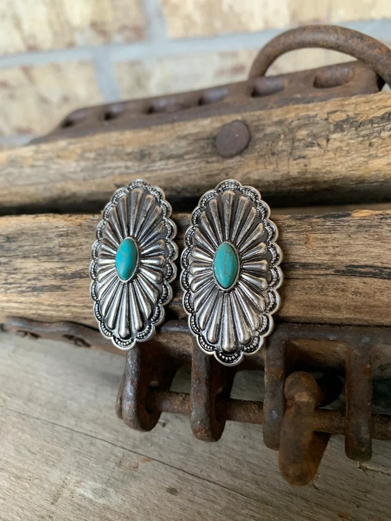 New European and American Products, Retro Bohemian Oval Turquoise Earrings, Exaggerated Personality, Womens Jewelry