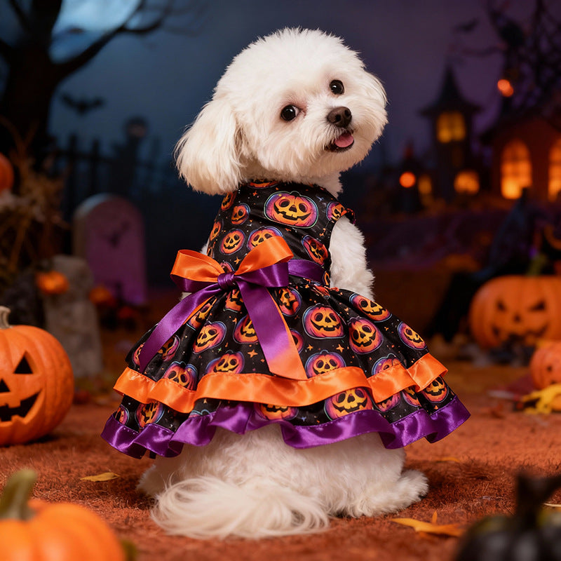 Pet Clothes Dog Halloween Pumpkin Colorful Skull Halloween Party Dress Double Layer Bow Skirt