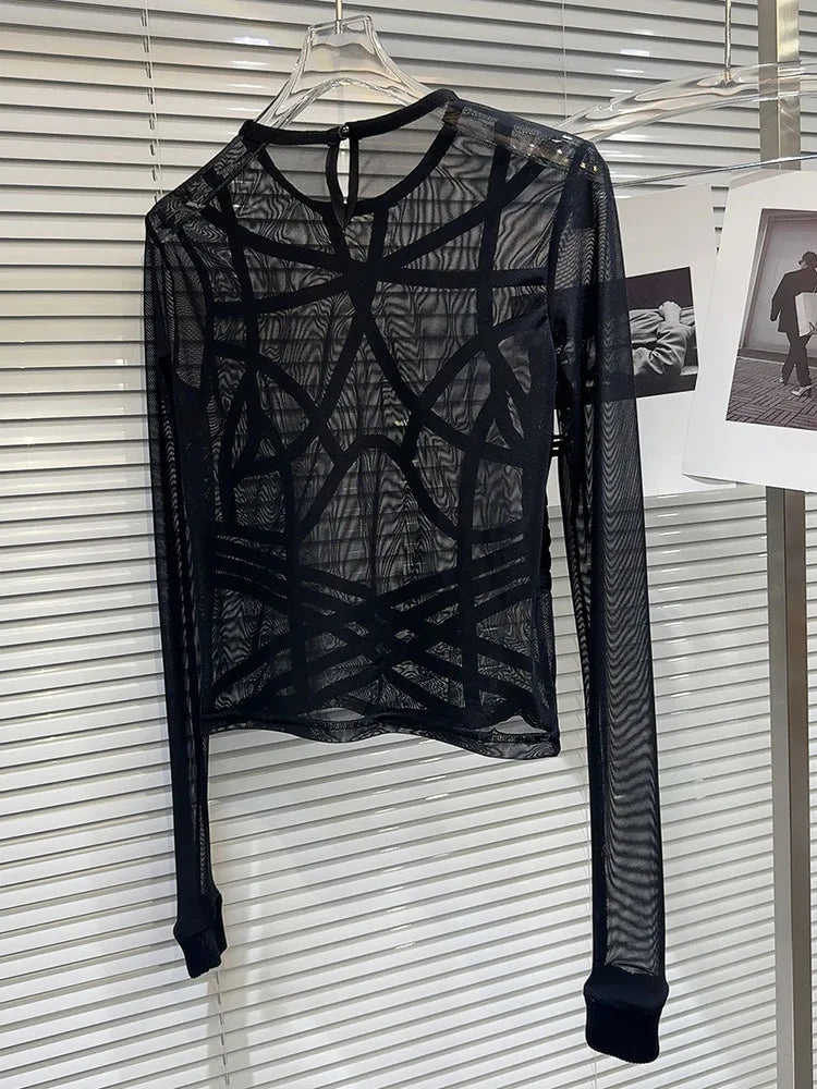 New Items Women's Spliced Mesh Perspective T-shirt  Winter Fashion Trendy O-neck Long Sleeves Pullovers Female