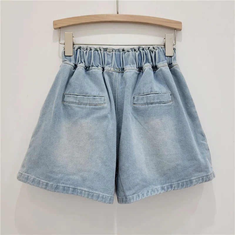 Summer New Items Diamond Elastic Waist Drawstring Design Shorts For Women High Waist Denim Hot Pants Female