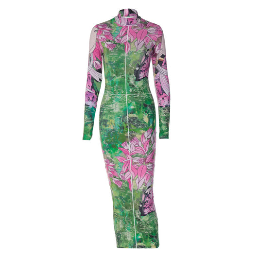 Women  Summer Autumn Fashion Long Sleeve Bodycon Streetwear Floral Printed Midi Dress Wholesale Items For Business