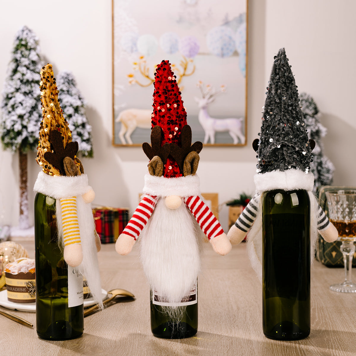 Christmas decoration items, sequins, red, yellow, black sequin caps, wine bottle covers, deer horn wine covers, red wine bottle caps
