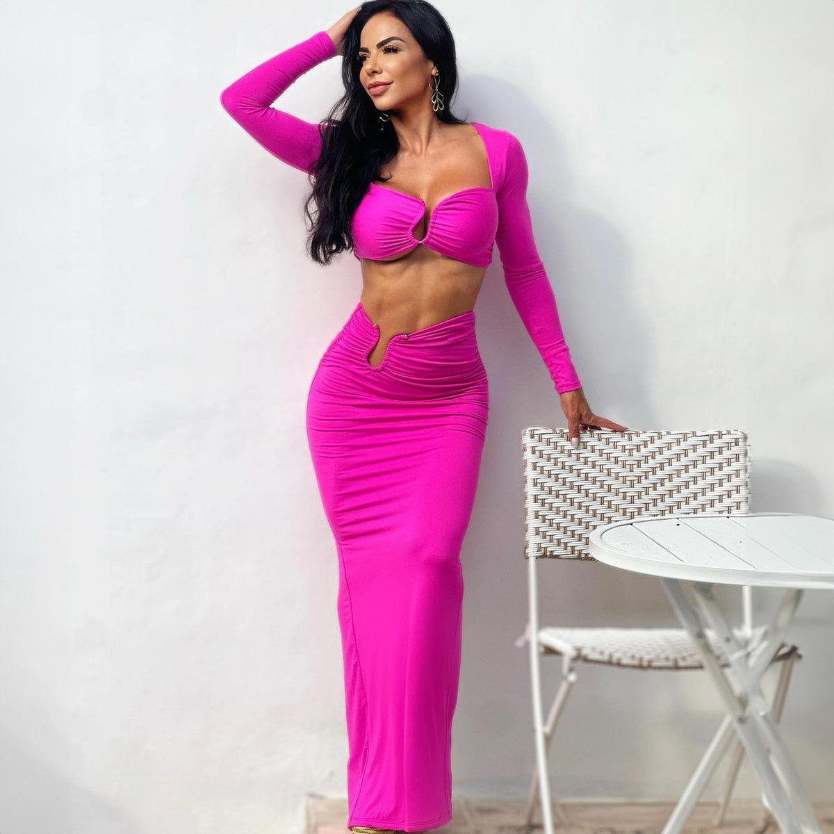 Autumn and winter new hot selling items: sexy chest wrapped long sleeved back slit long skirt set