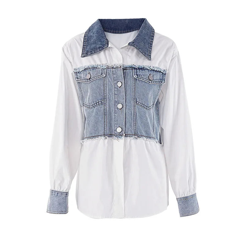 Fashion Women's Denim Spliced Shirt Loose Lapel Long Sleeves Single Breasted Tassel Blouse  Autumn New Items
