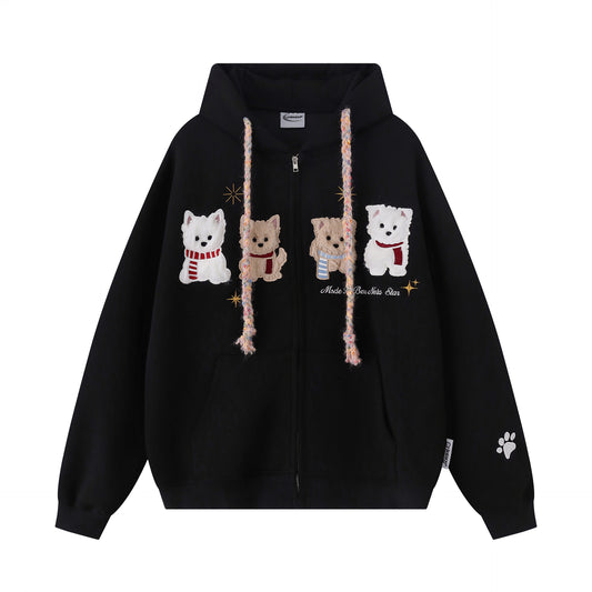 Dog patch embroidery cardigan sweatshirt
