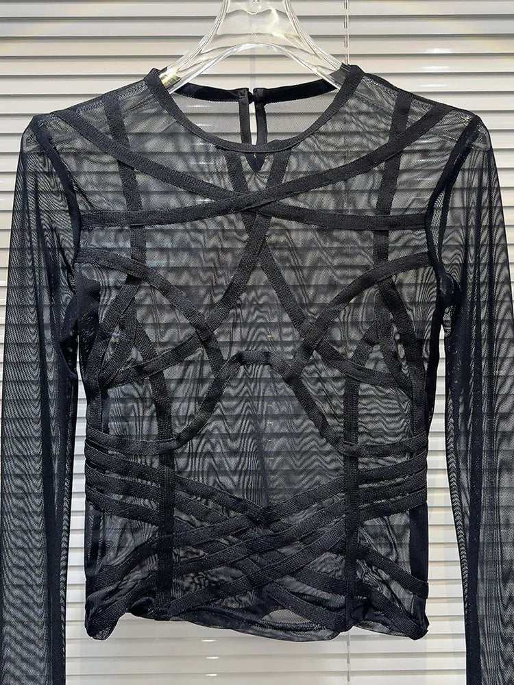 New Items Women's Spliced Mesh Perspective T-shirt  Winter Fashion Trendy O-neck Long Sleeves Pullovers Female