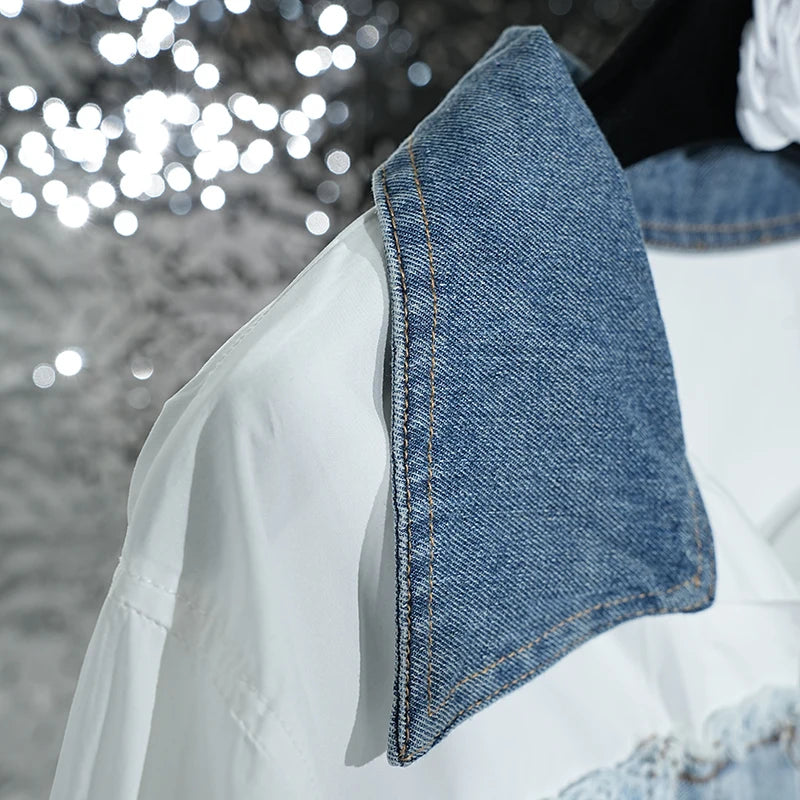 Fashion Women's Denim Spliced Shirt Loose Lapel Long Sleeves Single Breasted Tassel Blouse  Autumn New Items