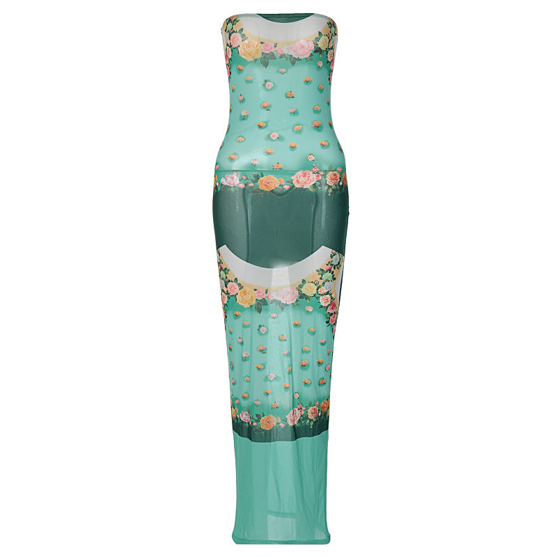 Women Floral Mesh See Through Bodycon Party Streetwear Long Dress  Summer Autumn Wholesale Items For Business