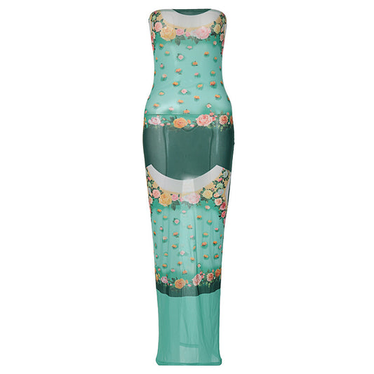 Women Floral Mesh See Through Bodycon Party Streetwear Long Dress  Summer Autumn Wholesale Items For Business