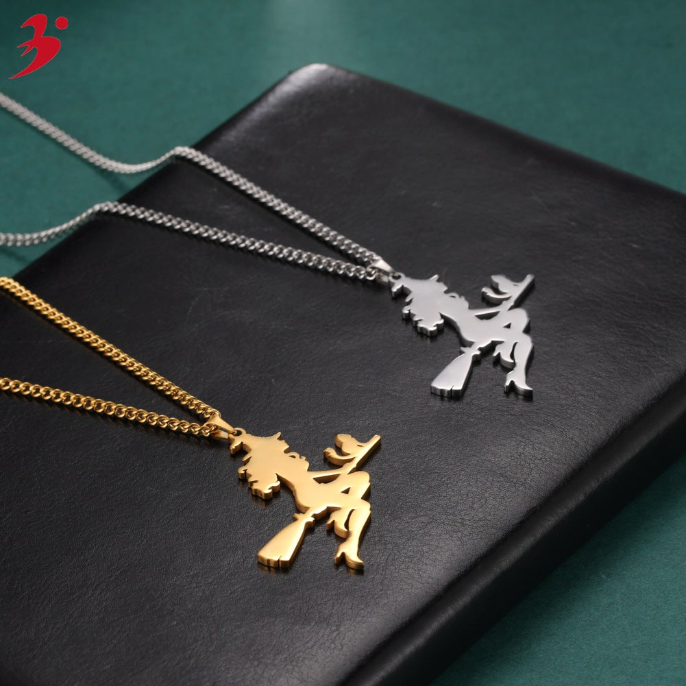 New Products Ladies Angel Stainless Steel Sweater Necklace Halloween Jewelry Gifts Witch Pendant