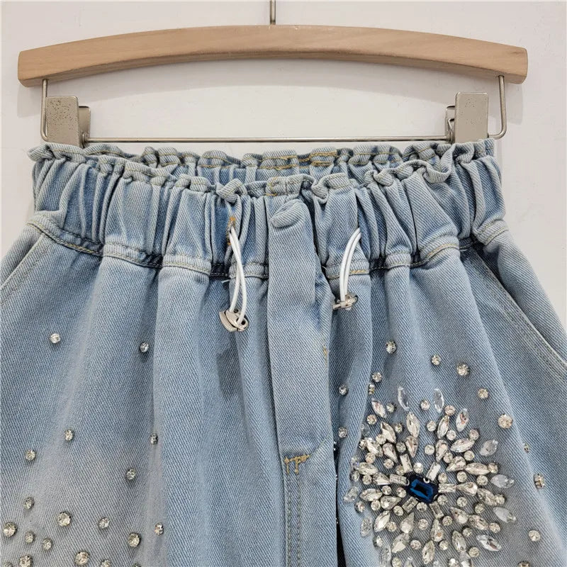 Summer New Items Diamond Elastic Waist Drawstring Design Shorts For Women High Waist Denim Hot Pants Female