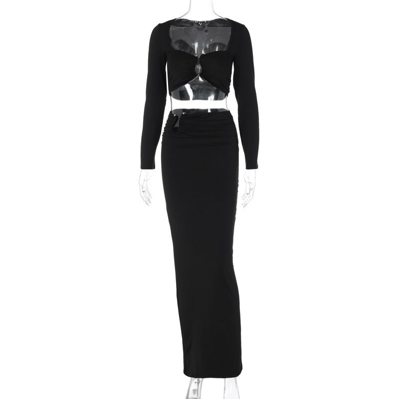 Autumn and winter new hot selling items: sexy chest wrapped long sleeved back slit long skirt set