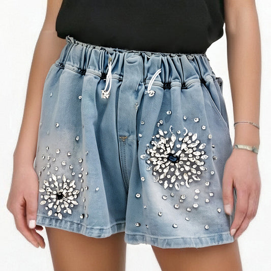 Summer New Items Diamond Elastic Waist Drawstring Design Shorts For Women High Waist Denim Hot Pants Female
