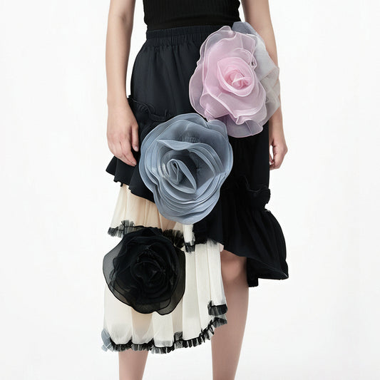Autumn Fashion New Items Women's Mesh Patchwork Skirt High Elastic Waist Flowers Design A-line Skirt Female