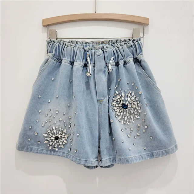 Summer New Items Diamond Elastic Waist Drawstring Design Shorts For Women High Waist Denim Hot Pants Female