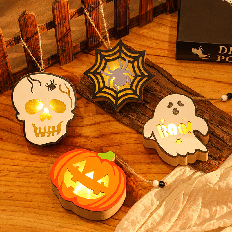 Halloween Decoration Pumpkin Lantern Wooden Skull Spider Halloween Scene Hanging Ornament Night Light