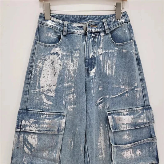 Fashion Women's Multiple Pockets Design Jeans High Waist Straight Wide Leg Denim Pants  Autumn New Items