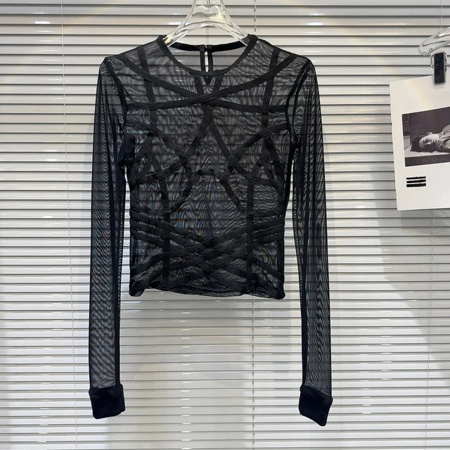 New Items Women's Spliced Mesh Perspective T-shirt  Winter Fashion Trendy O-neck Long Sleeves Pullovers Female