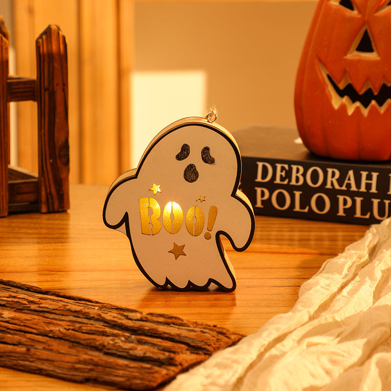 Halloween Decoration Pumpkin Lantern Wooden Skull Spider Halloween Scene Hanging Ornament Night Light