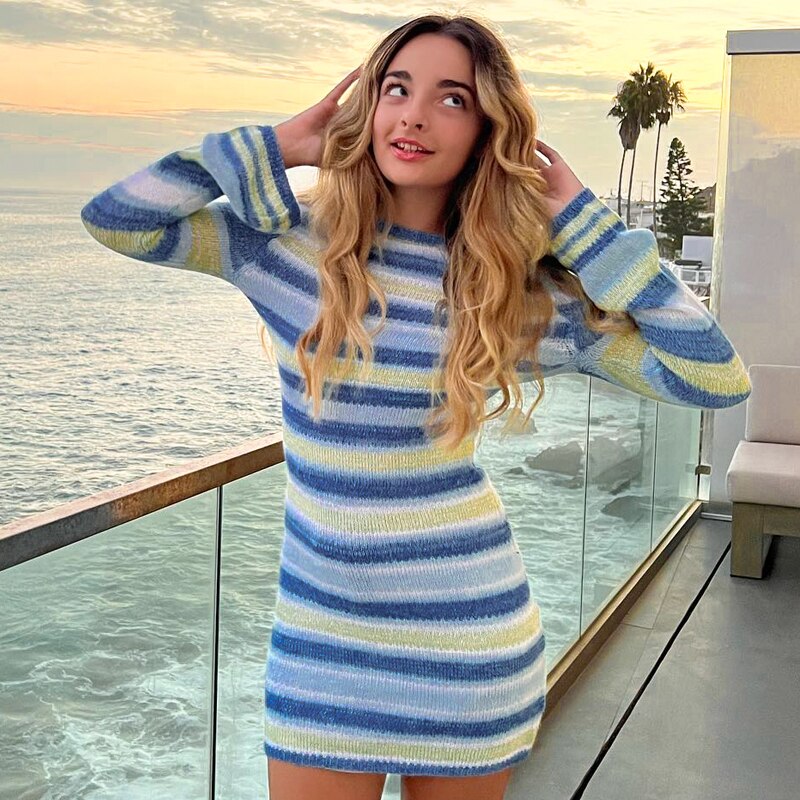 Hawthaw Women Long Sleeve Striped Bodycon Streetwear Knitted Sweater Dress 2022 Fall Autumn Clothes Wholesale Items For Business