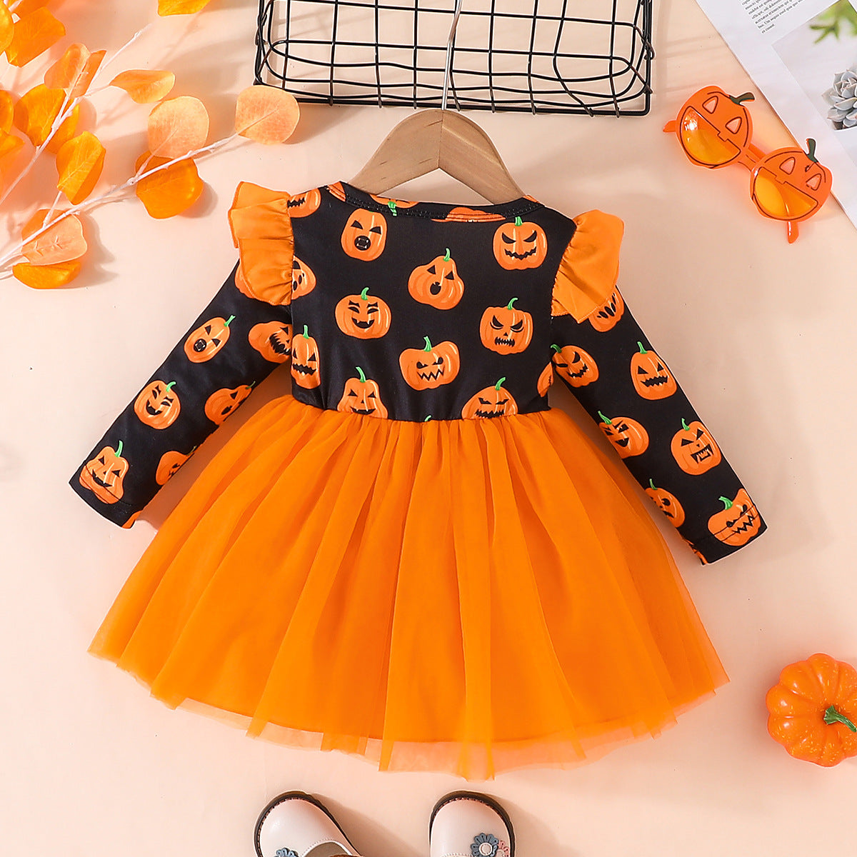 Halloween Girl's Pumpkin Dress Long Sleeve Tulle Princess Dress Halloween Party Performance Costume